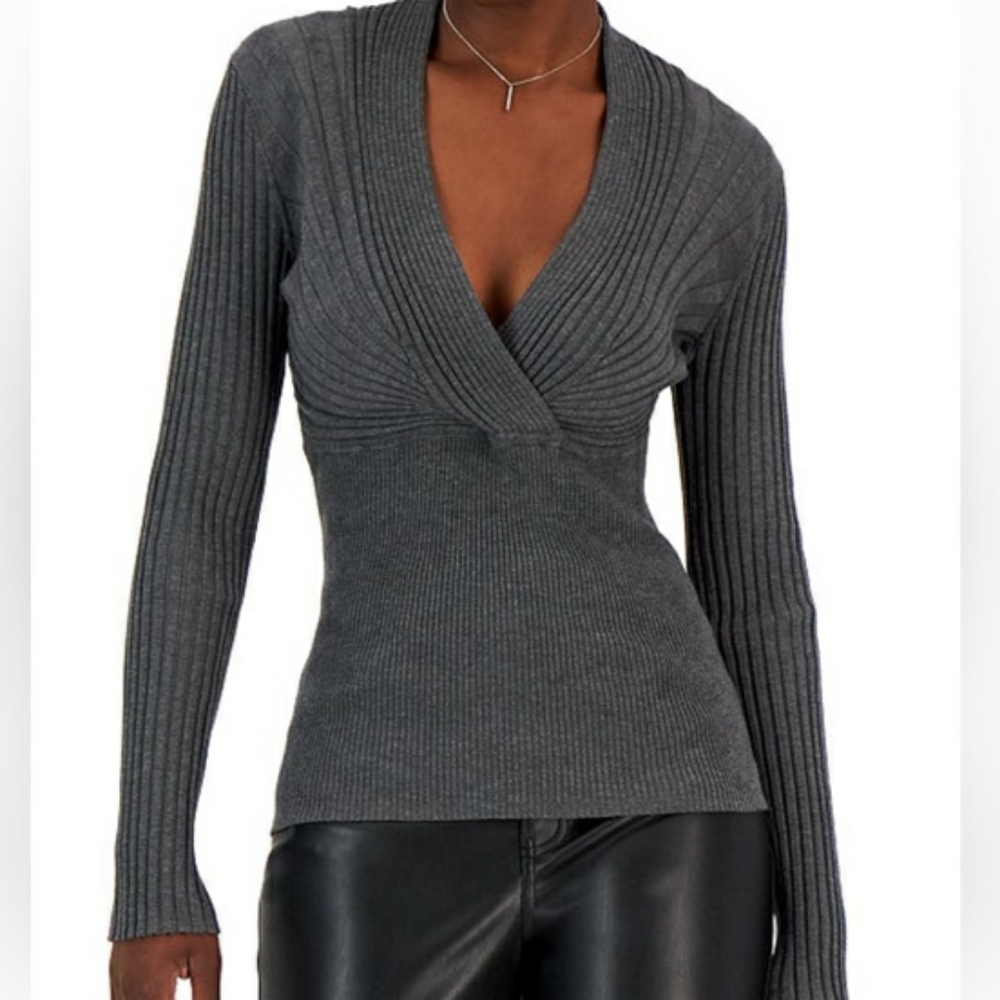 Brand NWT's INC Ribbed Surplice Pullover Sweater - Medium Heather Gray - XL